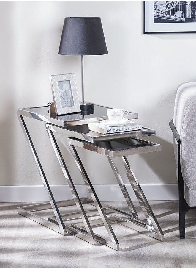 DANUBE HOME Otter Nest Of Table Multifunctional Living Room Table Space Saving Side Table Modern Design Furniture For Home Black Glass/Chrome  - Image 1