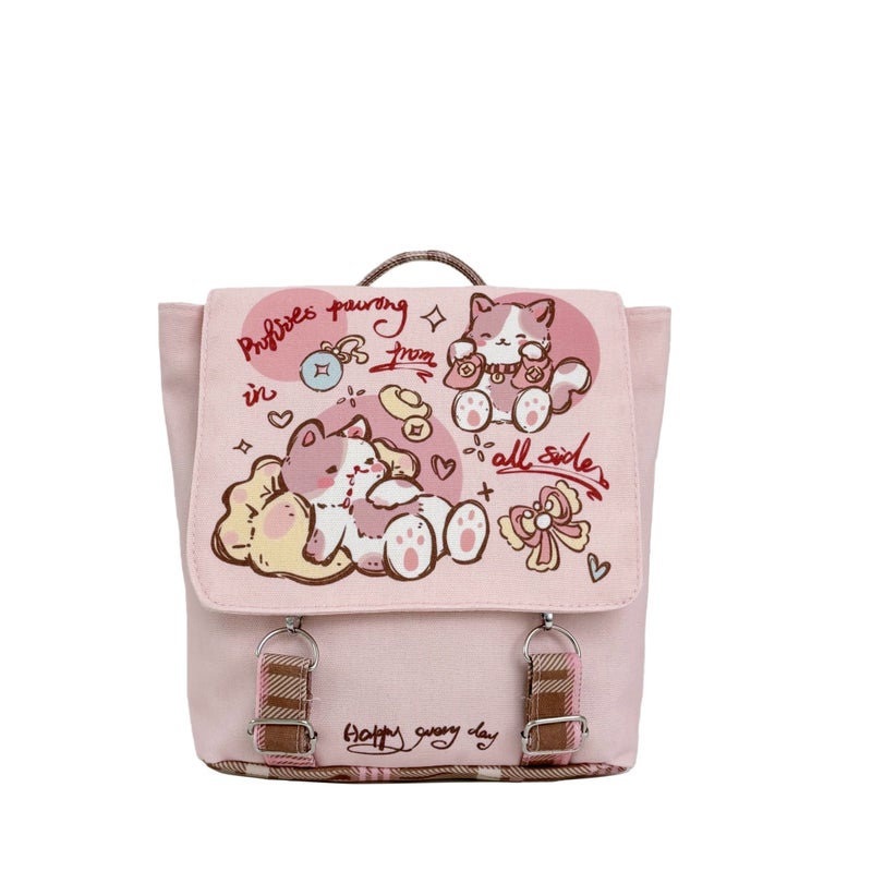 Cute Lightweight Canvas Backpack for School with Cartoon Dog and Cat Pattern - Image 4