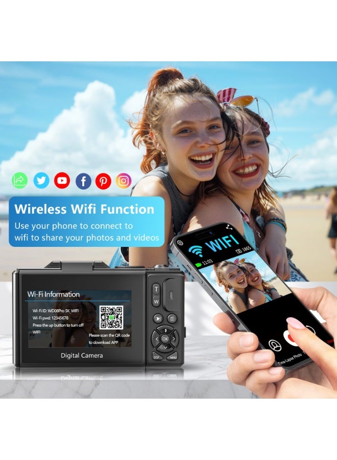 5K Digital Camera for Photography,75MP Autofocus Vlogging Camera with 128GB SD Card, WiFi,3" 180° Flip Screen Selfile With Flash,18X Zoom,Rechargeable Battery,Travel photography camera - Image 5