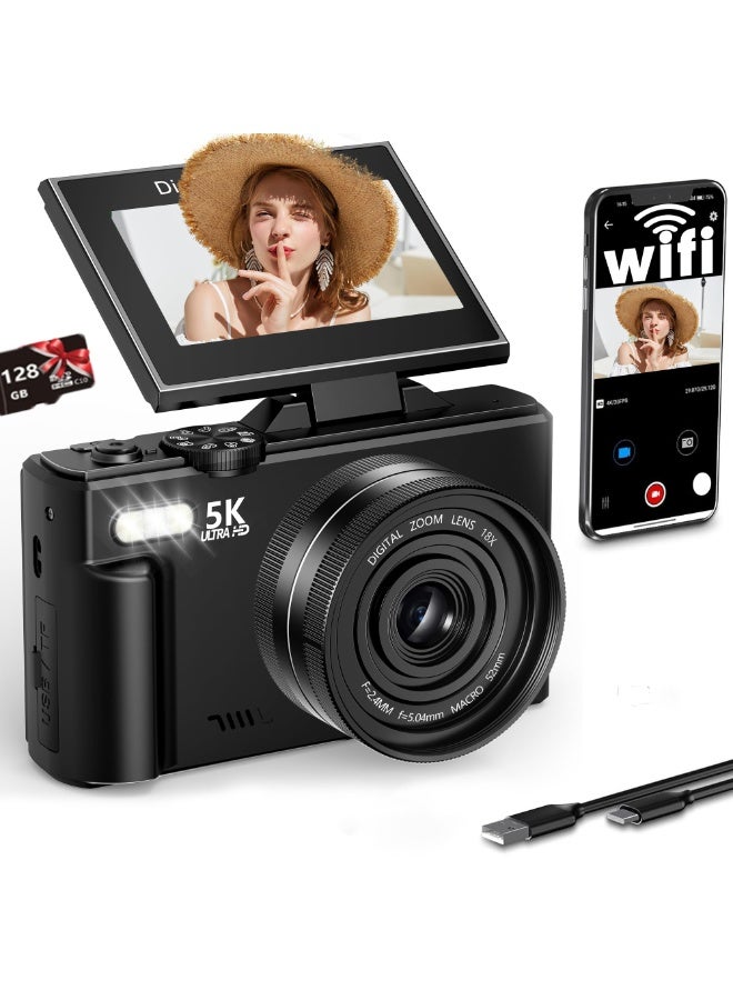 5K Digital Camera for Photography,75MP Autofocus Vlogging Camera with 128GB SD Card, WiFi,3" 180° Flip Screen Selfile With Flash,18X Zoom,Rechargeable Battery,Travel photography camera - Image 1