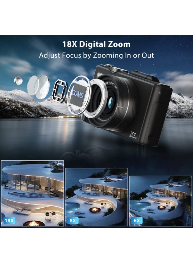 5K Digital Camera for Photography,75MP Autofocus Vlogging Camera with 128GB SD Card, WiFi,3" 180° Flip Screen Selfile With Flash,18X Zoom,Rechargeable Battery,Travel photography camera - Image 3