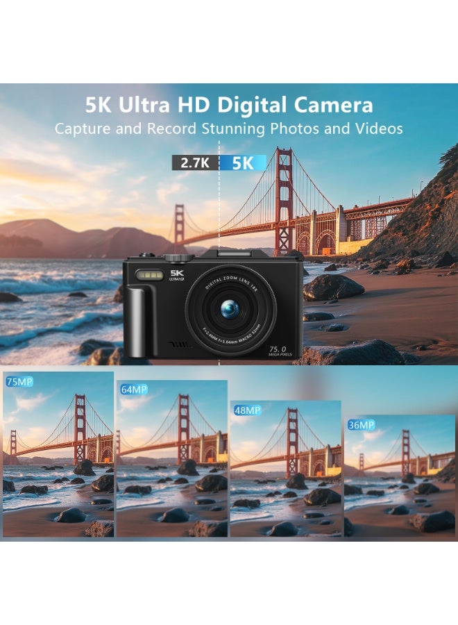 5K Digital Camera for Photography,75MP Autofocus Vlogging Camera with 128GB SD Card, WiFi,3" 180° Flip Screen Selfile With Flash,18X Zoom,Rechargeable Battery,Travel photography camera - Image 2