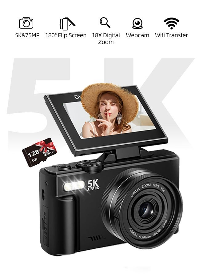 5K Digital Camera for Photography,75MP Autofocus Vlogging Camera with 128GB SD Card, WiFi,3" 180° Flip Screen Selfile With Flash,18X Zoom,Rechargeable Battery,Travel photography camera - Image 1
