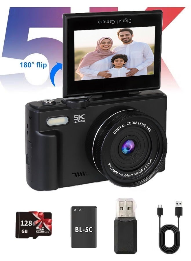 كاميرا رقمية 5K للتصوير الفوتوغرافي، كاميرا فلوق أوتوفوكس بدقة 75 ميجابكسل مع بطاقة SD بسعة 128 جيجابايت، واي فاي، شاشة قابلة للقلب 3 بوصة بزاوية 180° للتصوير الذاتي مع فلاش، تكبير 18X، بطارية قابلة لإعادة الشحن، كاميرا للتصوير أثناء السفر - Image 1