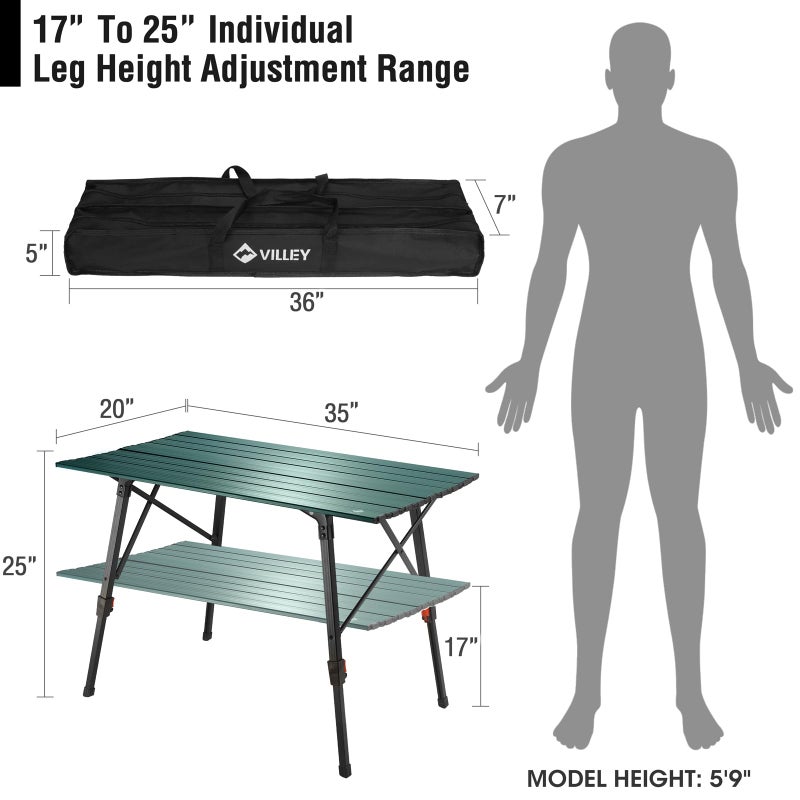 VILLEY Portable Camping Table with Adjustable Legs, Lightweight Aluminum Folding Beach Table with Carrying Bag for Outdoor Cooking, Picnic, Beach, Backyards, BBQ and Party - Green - Image 2