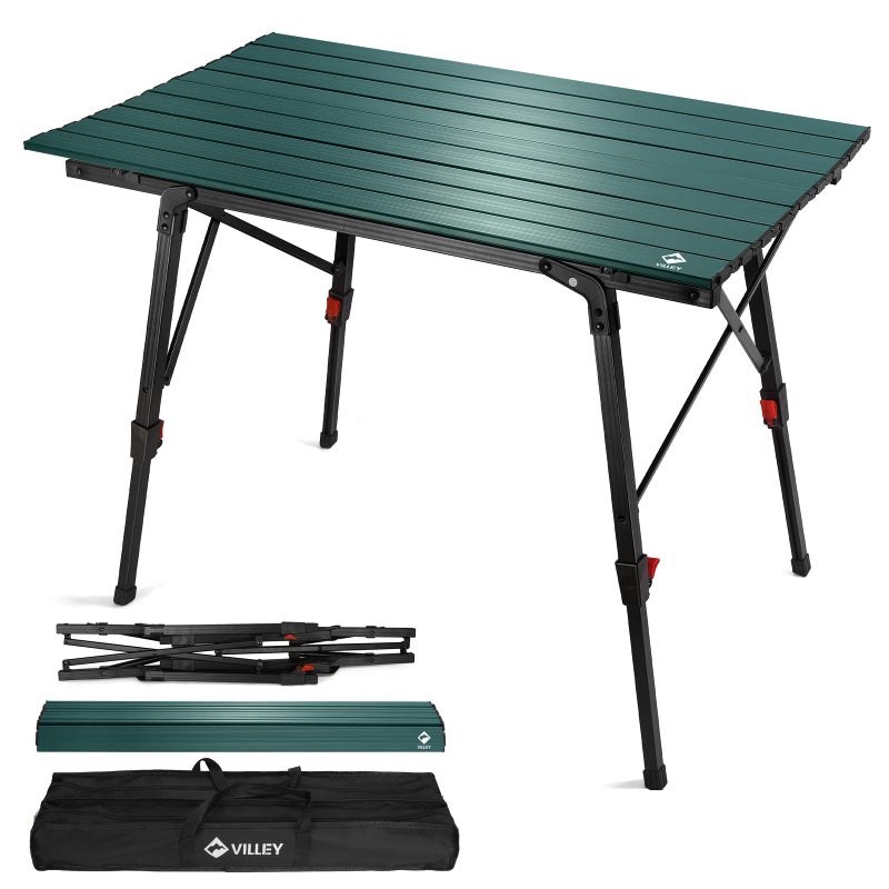 VILLEY Portable Camping Table with Adjustable Legs, Lightweight Aluminum Folding Beach Table with Carrying Bag for Outdoor Cooking, Picnic, Beach, Backyards, BBQ and Party - Green - Image 1