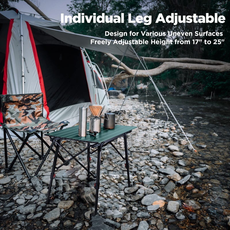 VILLEY Portable Camping Table with Adjustable Legs, Lightweight Aluminum Folding Beach Table with Carrying Bag for Outdoor Cooking, Picnic, Beach, Backyards, BBQ and Party - Green - Image 4
