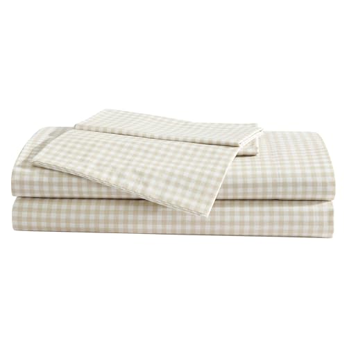 Eddie Bauer Full Size Sheet Set 100 Cotton Percale Bedding Crisp Breathable Bed Sheets Fully Elastic Fitted Sheet with Pillowcases Little Gingham Beige - Image 1