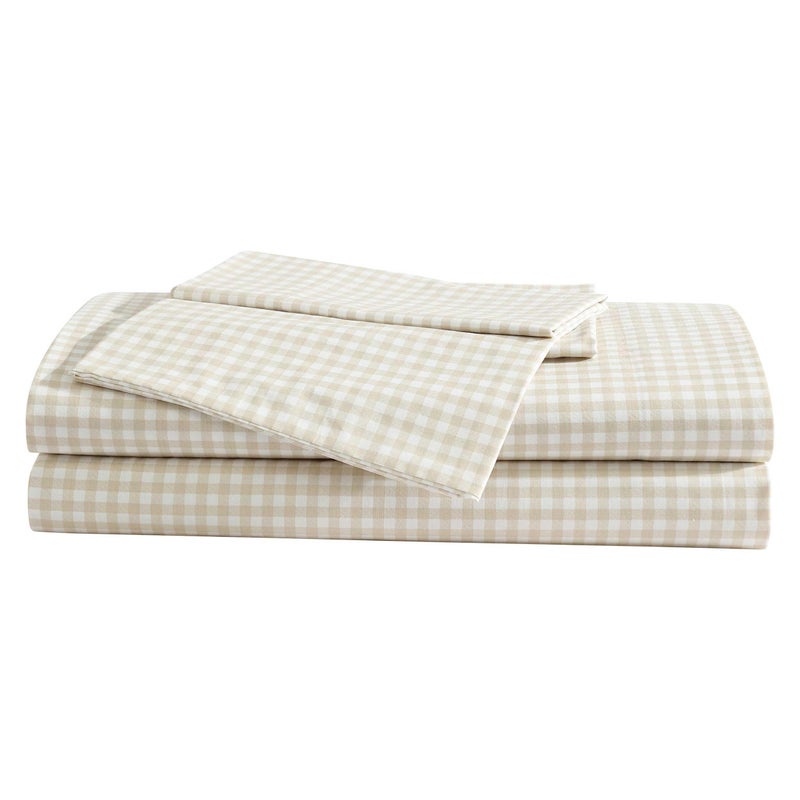 Eddie Bauer Full Size Sheet Set 100 Cotton Percale Bedding Crisp Breathable Bed Sheets Fully Elastic Fitted Sheet with Pillowcases Little Gingham Beige - Image 2