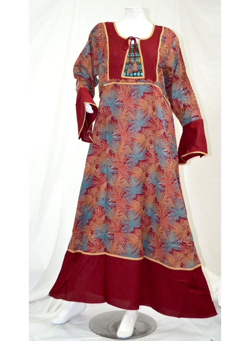 زينة فستان جلابية نسائي أنيقة بأكمام جرس - مطبوع بياقة مستديرة ورباط - قفطان محتشم - Image 1