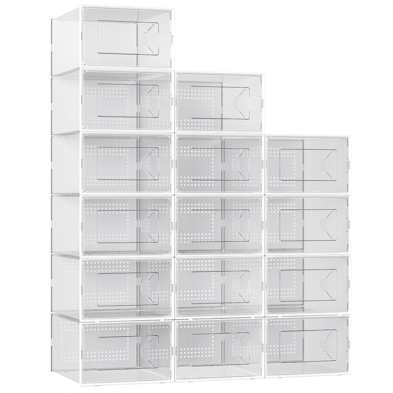 Foluck X-Large Shoe Storage Box, 15 Pack Clear Plastic Stackable Shoe Organizer for Closet, Interlocking Design Shoe Container Bins for Sneakers, Foldable Shoe Rack with Lids, White - Image 1