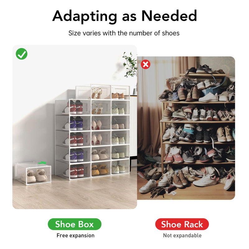 Foluck X-Large Shoe Storage Box, 15 Pack Clear Plastic Stackable Shoe Organizer for Closet, Interlocking Design Shoe Container Bins for Sneakers, Foldable Shoe Rack with Lids, White - Image 5