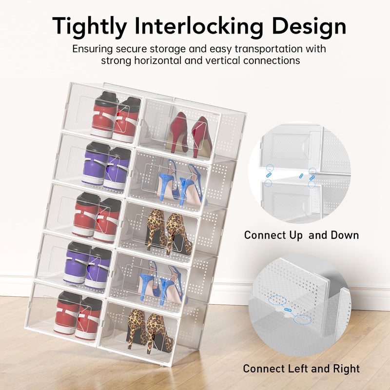 Foluck X-Large Shoe Storage Box, 15 Pack Clear Plastic Stackable Shoe Organizer for Closet, Interlocking Design Shoe Container Bins for Sneakers, Foldable Shoe Rack with Lids, White - Image 4