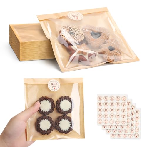 HONKID 100 Pack Cookie Packaging Bags With Seal Stickers, 5.7x6.5 Inch Food-Grade Bakery Bags With Window, Heat Sealable Paper Cookie Sleeves for Homemade, Cookies, Cakes, Brown, Donut - Image 1