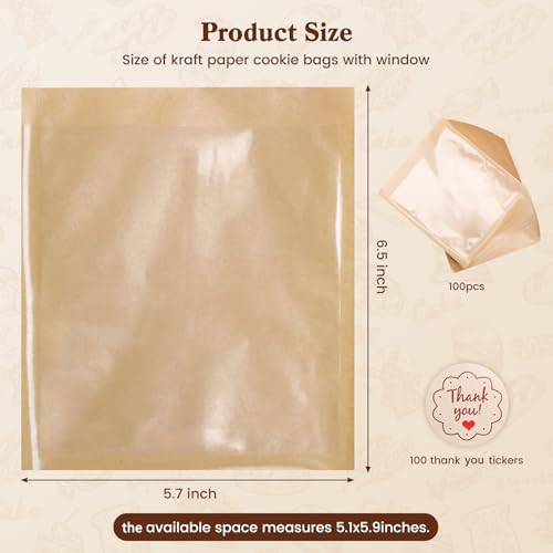 HONKID 100 Pack Cookie Packaging Bags With Seal Stickers, 5.7x6.5 Inch Food-Grade Bakery Bags With Window, Heat Sealable Paper Cookie Sleeves for Homemade, Cookies, Cakes, Brown, Donut - Image 3