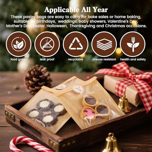 HONKID 100 Pack Cookie Packaging Bags With Seal Stickers, 5.7x6.5 Inch Food-Grade Bakery Bags With Window, Heat Sealable Paper Cookie Sleeves for Homemade, Cookies, Cakes, Brown, Donut - Image 5