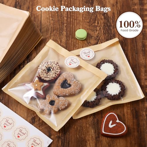 HONKID 100 Pack Cookie Packaging Bags With Seal Stickers, 5.7x6.5 Inch Food-Grade Bakery Bags With Window, Heat Sealable Paper Cookie Sleeves for Homemade, Cookies, Cakes, Brown, Donut - Image 2