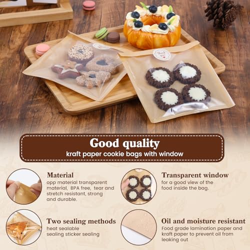 HONKID 100 Pack Cookie Packaging Bags With Seal Stickers, 5.7x6.5 Inch Food-Grade Bakery Bags With Window, Heat Sealable Paper Cookie Sleeves for Homemade, Cookies, Cakes, Brown, Donut - Image 4