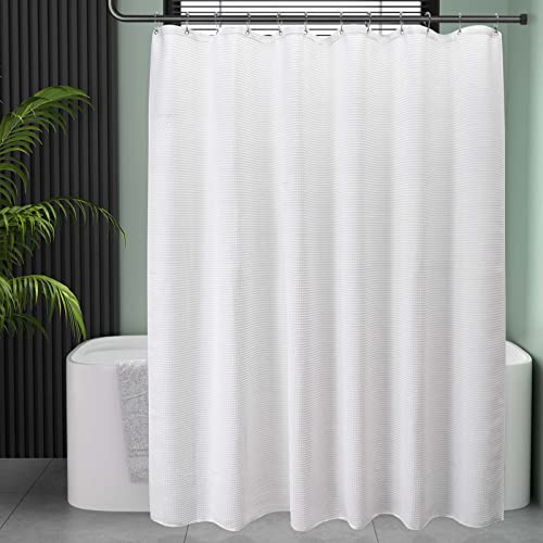 AmazerBath White Shower Curtain Fabric Waffle Shower Curtain Polyester Luxury Cloth Shower Curtains for Bathroom Hotel Quality Machine Washable Heavy Duty 72 x 72 Inches Matt White