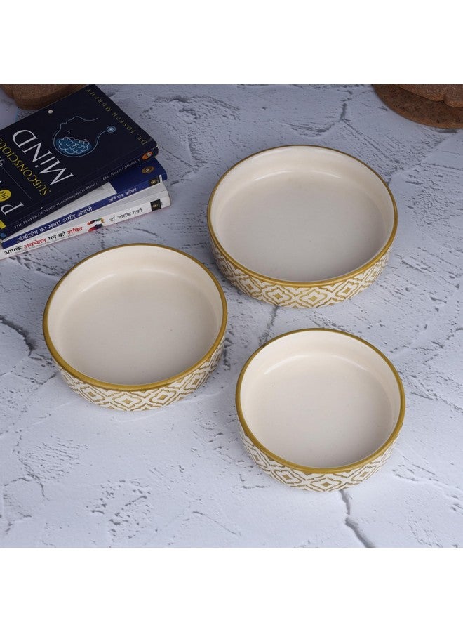 SEPARATE WAY Ceramic Flat Deep Serving Bowl Set of 3, Mix Size - 800ml, 600ml, and 500ml | Glossy Finish | Salad, Snack, Pasta Plates | Flat Bowl | Serving Plate | Mix Bowl Plates (Moroccan Golden) - Image 4