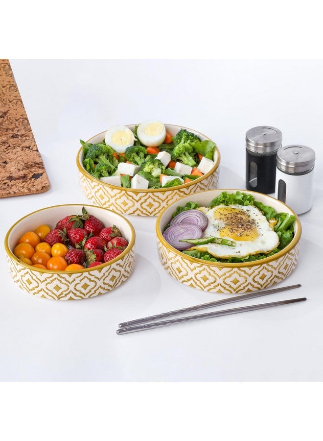 SEPARATE WAY Ceramic Flat Deep Serving Bowl Set of 3, Mix Size - 800ml, 600ml, and 500ml | Glossy Finish | Salad, Snack, Pasta Plates | Flat Bowl | Serving Plate | Mix Bowl Plates (Moroccan Golden) - Image 2