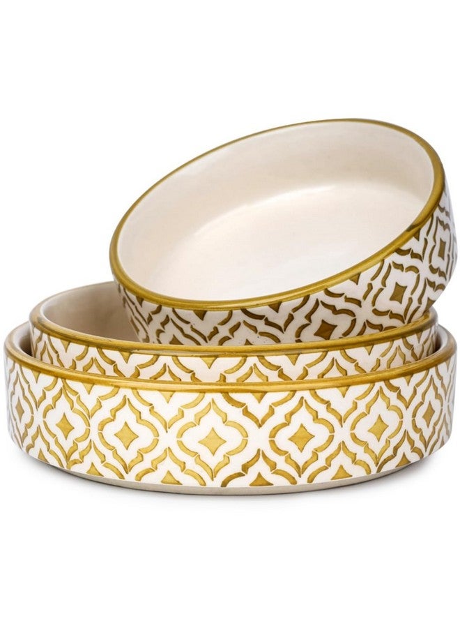 SEPARATE WAY Ceramic Flat Deep Serving Bowl Set of 3, Mix Size - 800ml, 600ml, and 500ml | Glossy Finish | Salad, Snack, Pasta Plates | Flat Bowl | Serving Plate | Mix Bowl Plates (Moroccan Golden) - Image 1