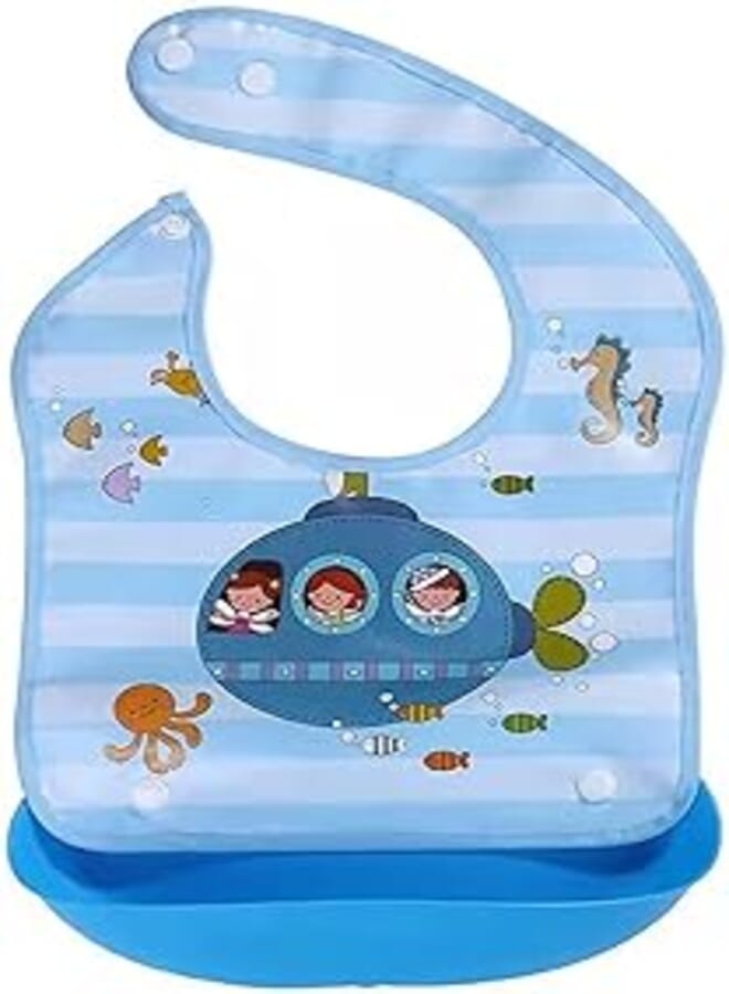 Mix&max baby bib with silicone pocket printed submarine for boys-blue
