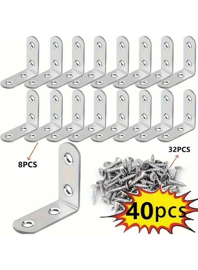 40 Pcs L Shaped Brackets With 8 Holders 32 Screws Stainless Steel Right Angle Furniture - Image 1