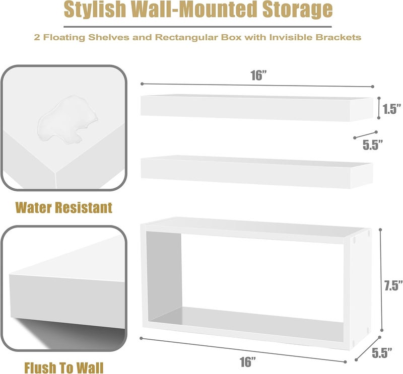 Sorbus Floating Shelves for Wall Set of 3 - Bathroom Shelves for Wall Storage, Over Toilet, Bedroom, Farmhouse, Decor - 2 Floating Shelves with Invisible Brackets & 1 Rectangular Box - Image 3
