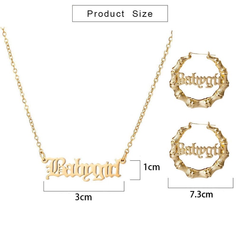 WLL Hip Hop Bamboo Hoop Earrings for Women Stainless Steel Old English Font Letter Pendant Necklace 80s/90s Costume Accessory Party Jewelry Set (A:gold-tone) - Image 3