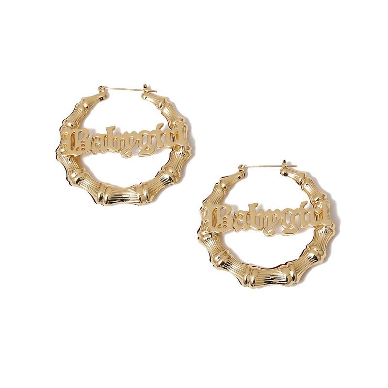 WLL Hip Hop Bamboo Hoop Earrings for Women Stainless Steel Old English Font Letter Pendant Necklace 80s/90s Costume Accessory Party Jewelry Set (A:gold-tone) - Image 4