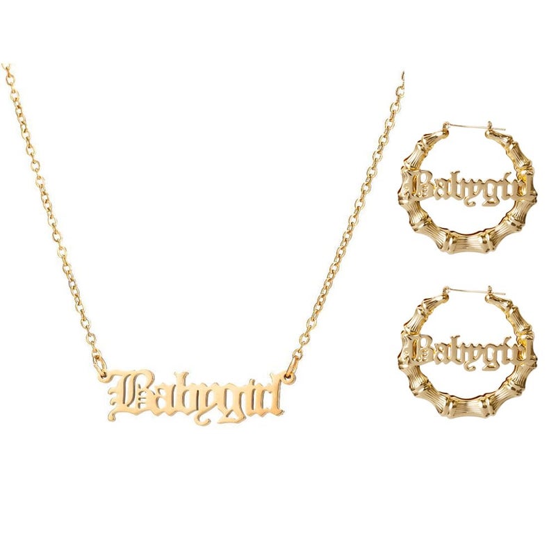 WLL Hip Hop Bamboo Hoop Earrings for Women Stainless Steel Old English Font Letter Pendant Necklace 80s/90s Costume Accessory Party Jewelry Set (A:gold-tone) - Image 1