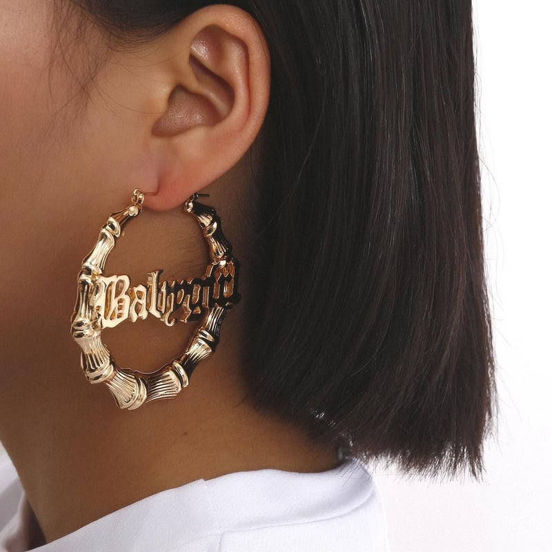 WLL Hip Hop Bamboo Hoop Earrings for Women Stainless Steel Old English Font Letter Pendant Necklace 80s/90s Costume Accessory Party Jewelry Set (A:gold-tone) - Image 2
