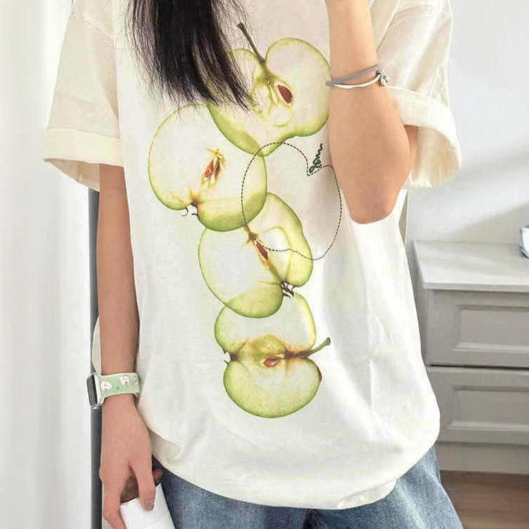 chubby girl American Style Retro plus size Short-sleeved T-shirt Womens Summer Fun Apple Print oversize Cotton Top Ins White