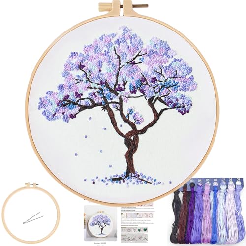 FONNUY Crewel Embroidery Kit for Beginners, Seasonal Tree Pre-Stamped Pattern Kits for Adults with Hoop, Easy to Follow Color Thread Needlework, 8'' (Purple) - Image 1
