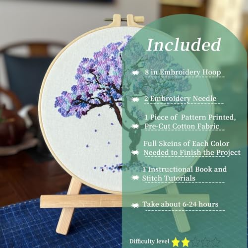 FONNUY Crewel Embroidery Kit for Beginners, Seasonal Tree Pre-Stamped Pattern Kits for Adults with Hoop, Easy to Follow Color Thread Needlework, 8'' (Purple) - Image 2