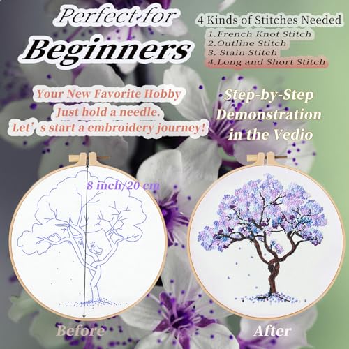 FONNUY Crewel Embroidery Kit for Beginners, Seasonal Tree Pre-Stamped Pattern Kits for Adults with Hoop, Easy to Follow Color Thread Needlework, 8'' (Purple) - Image 3