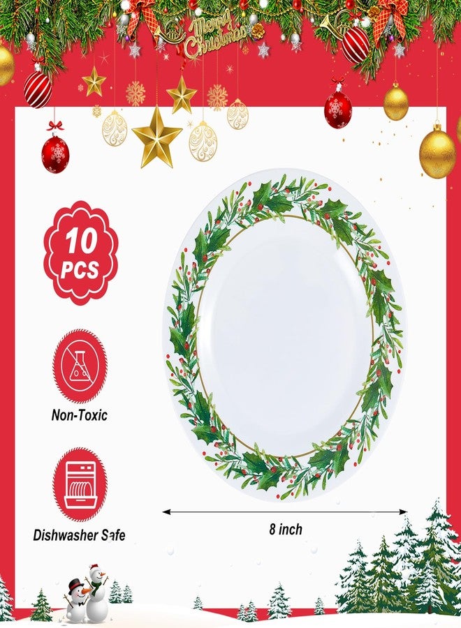 Layhit 10 Pcs Christmas Holly Melamine Dinner Plates - Holly Plates Holiday Dinnerware Party Dishes for Home Kitchen Picnic Party Event Supplies(8 Inch) - Image 2