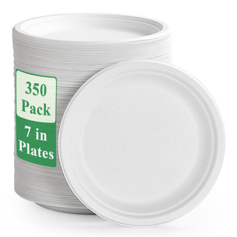 Vplus 350 Pack Paper Plates 7 inch 100 Compostable HeavyDuty Disposable Paper Plates Bagasse Natural Biodegradable EcoFriendly SugarcaneWhite