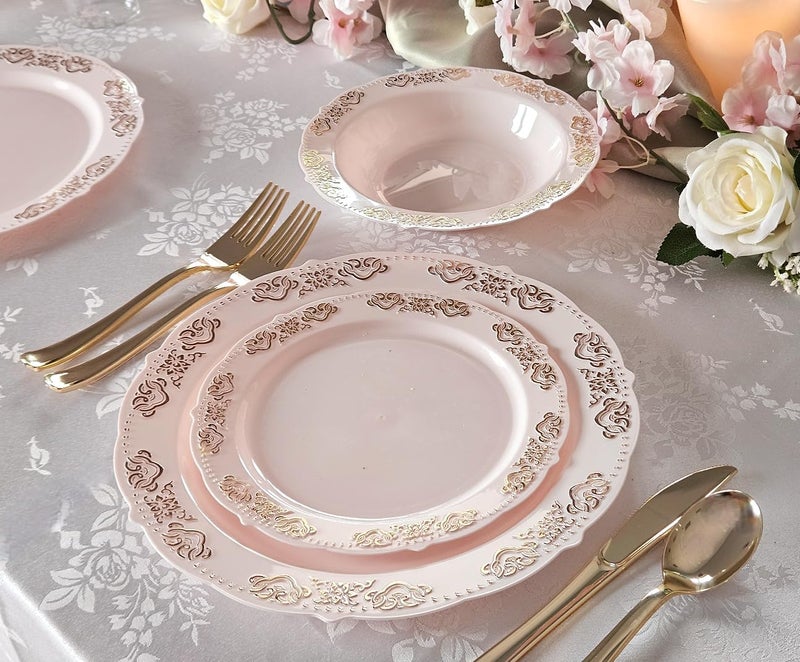 OCCASIONS FINEST PLASTIC TABLEWARE " OCCASIONS " 50 Plates Pack (25 Guests) Vintage Wedding Party Disposable Plastic Plate Set -25x10.25'' Dinner +25x7.5'' Salad/Dessert plates (Portofino Light Pink & Gold Accents) - Image 5