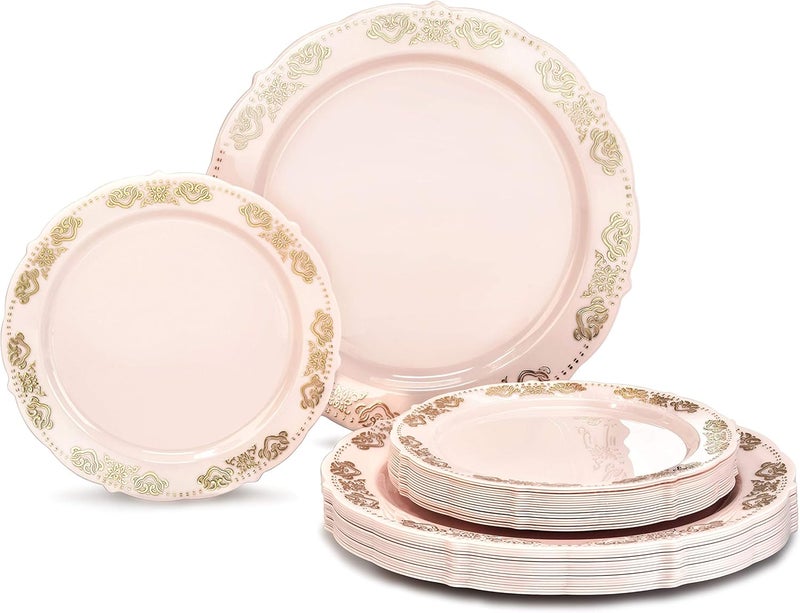 OCCASIONS FINEST PLASTIC TABLEWARE " OCCASIONS " 50 Plates Pack (25 Guests) Vintage Wedding Party Disposable Plastic Plate Set -25x10.25'' Dinner +25x7.5'' Salad/Dessert plates (Portofino Light Pink & Gold Accents) - Image 1