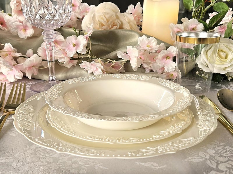 OCCASIONS FINEST PLASTIC TABLEWARE " OCCASIONS " 50 Plates Pack (25 Guests) Vintage Wedding Party Disposable Plastic Plate Set -25x10.25'' Dinner +25x7.5'' Salad/Dessert plates (Portofino Light Pink & Gold Accents) - Image 4