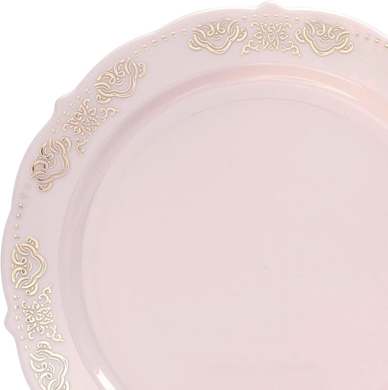 OCCASIONS FINEST PLASTIC TABLEWARE " OCCASIONS " 50 Plates Pack (25 Guests) Vintage Wedding Party Disposable Plastic Plate Set -25x10.25'' Dinner +25x7.5'' Salad/Dessert plates (Portofino Light Pink & Gold Accents) - Image 3