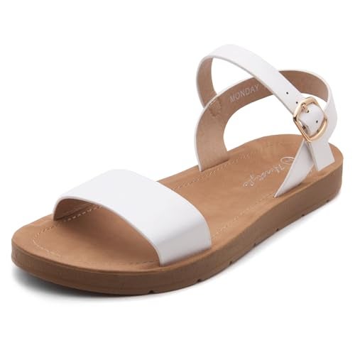 Herstyle Flat Sandals for Women – Open Toe One Band Ankle Strap Summer Dressy Sandals, Lightweight Casual Strappy Slip-On Flats with Adjustable Buckle, White, Size 8.0, Monday - Image 1