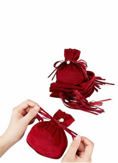 Y&D Velvet Bags, Round Bottom Drawstring Cloth Gift Pouches Jewelry Candy Bags with Imitation Pearl Charm for Wedding Birthday Party Favors, 12 Pcs, Dark Red, 13.2 x 14 cm  - Image 1
