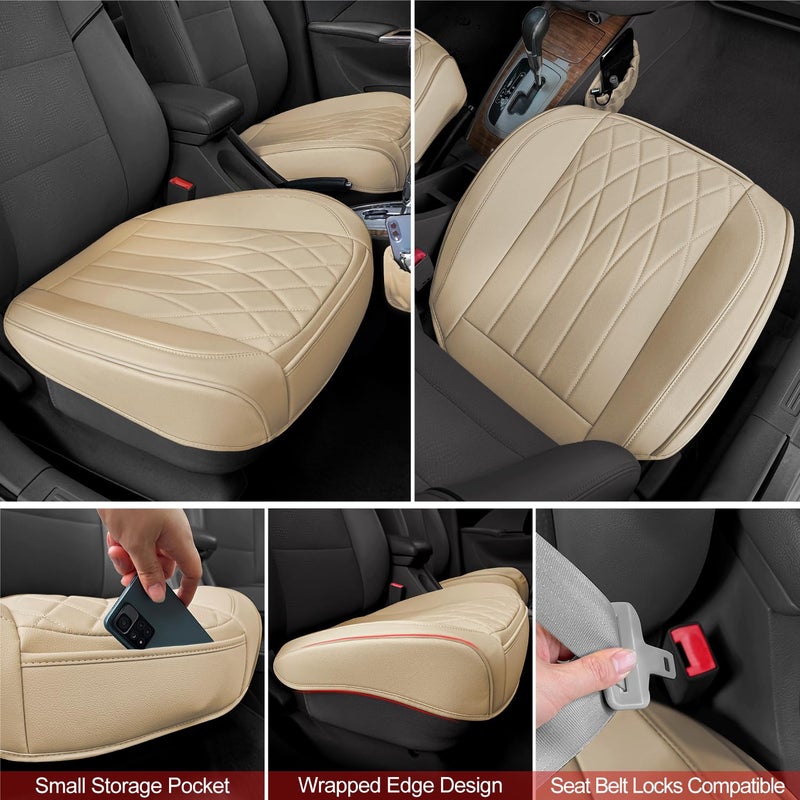 BEITK 2 Pack Leather Front Car Seat Cover Bottom Car Seat, Universal Anti-Slip Driver Car Seat Protectors with Storage Pocket, Waterproof Bottom Auto Seat Cushion Pad Mat for Most Vehicles(Beige) - Image 4
