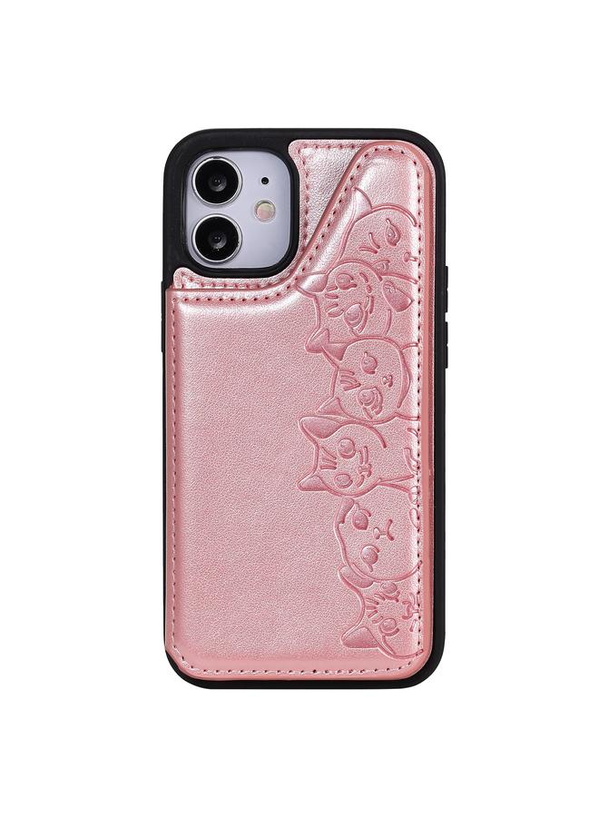 زبون جراب لهاتف iPhone 12 mini، جراب واقٍ بنقشة ست قطط مع حامل وفتحات للبطاقات وإطار للصور - Image 2