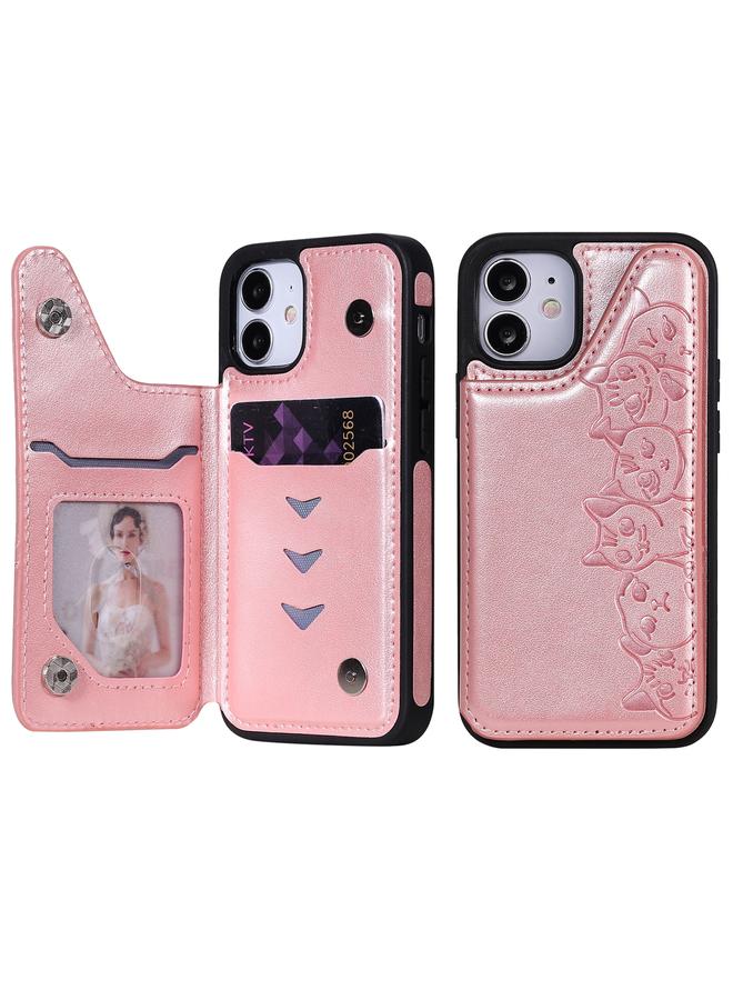 زبون جراب لهاتف iPhone 12 mini، جراب واقٍ بنقشة ست قطط مع حامل وفتحات للبطاقات وإطار للصور - Image 1