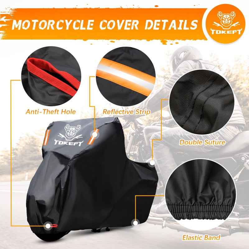 Tokept Black Motorcycle Cover, 210D Oxford Fabric All Weather Water Sun Protection, 86 inch Vehicle Cover for Harley Davidson Honda Suzuki Kawasaki Yamaha (M) - Image 3