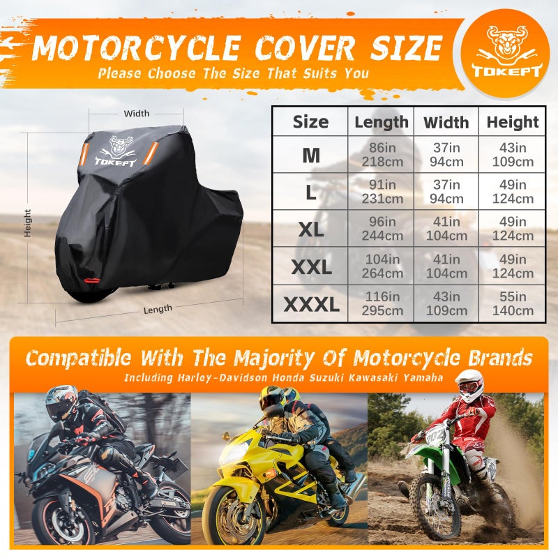Tokept Black Motorcycle Cover, 210D Oxford Fabric All Weather Water Sun Protection, 86 inch Vehicle Cover for Harley Davidson Honda Suzuki Kawasaki Yamaha (M) - Image 2